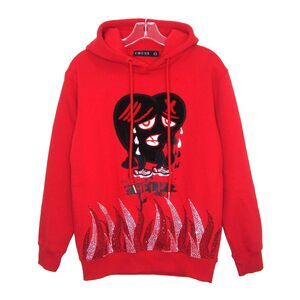 NWOT Focus Red Embroidered Embellished Red Help Flaming Hoodie Sweatshirt Size S